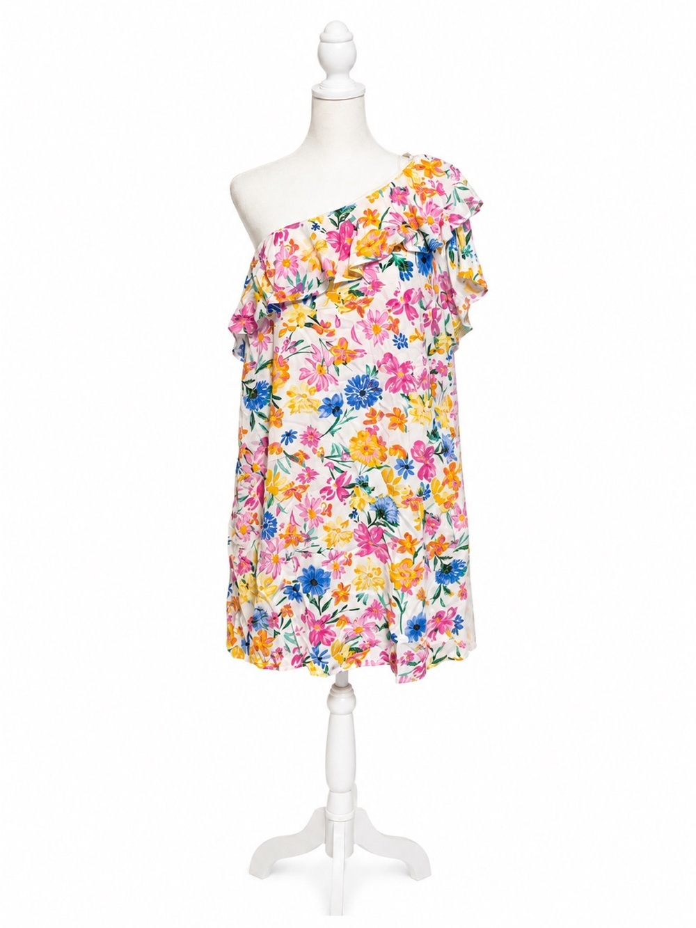 One-Shoulder Floral Ruffle Dress - White with Pink, Yellow & Blue Flowers